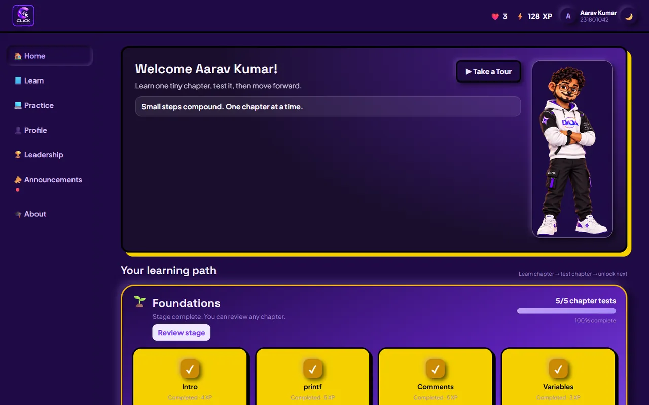 CLICK home: welcome hero with the DADA mascot and the learning path with completed chapter tiles