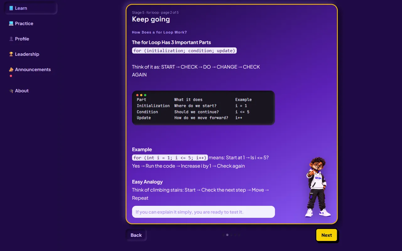 CLICK microlearning lesson explaining the three parts of a for loop