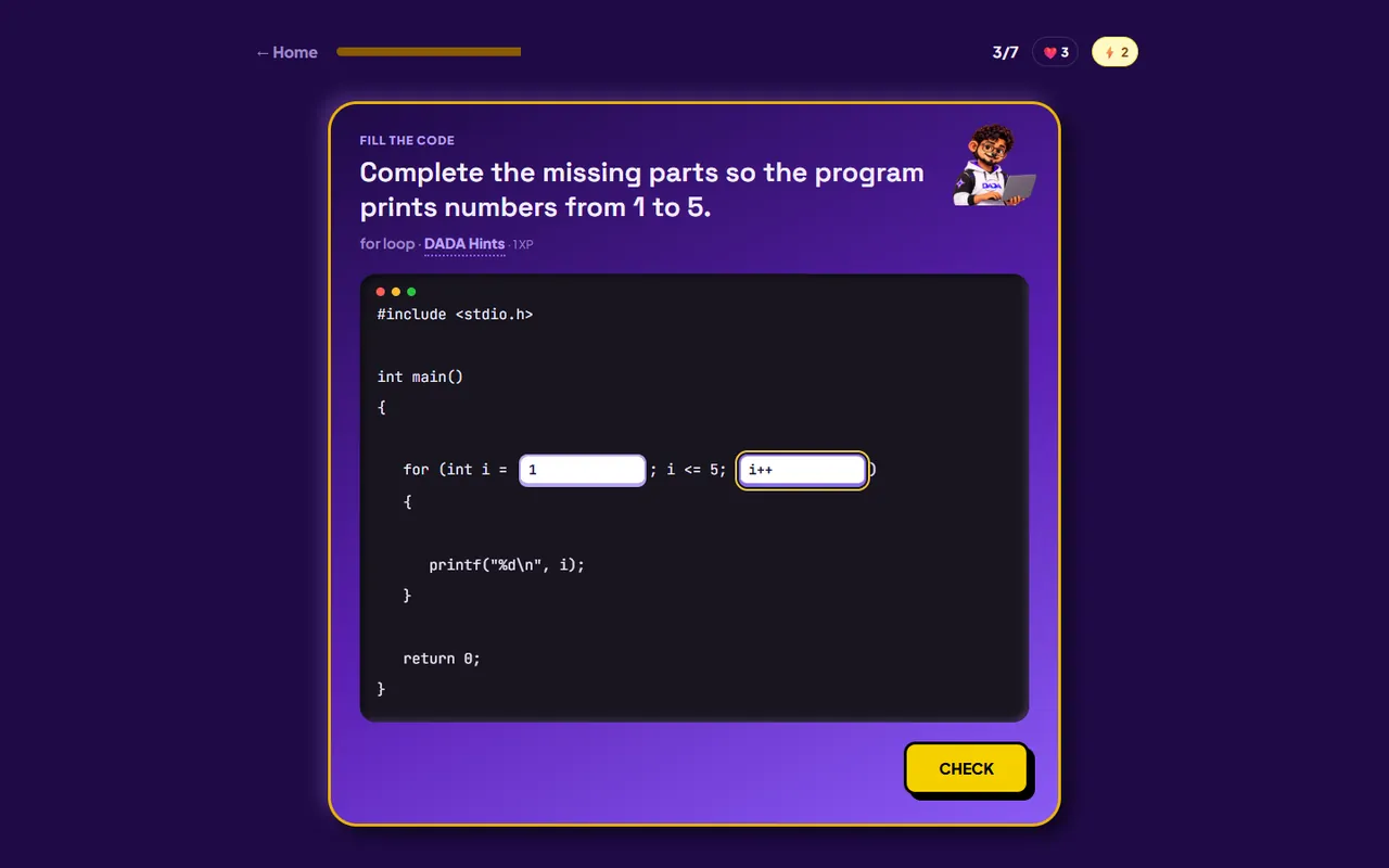 CLICK chapter test: fill in the missing parts of a C program in the code editor