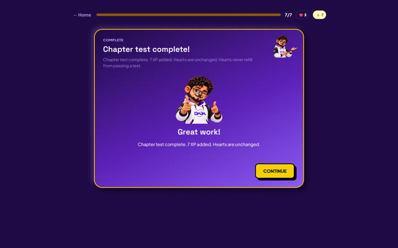 CLICK chapter test complete with a celebrating DADA and XP added