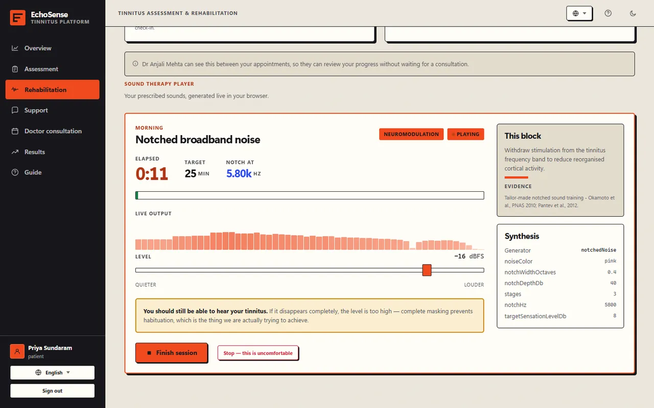 EchoSense sound therapy player generating notched broadband noise with a live output spectrum