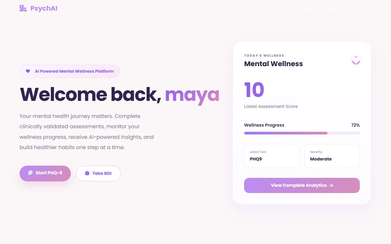 PsychologyAI home: welcome back, latest wellness score and a Start PHQ-9 button
