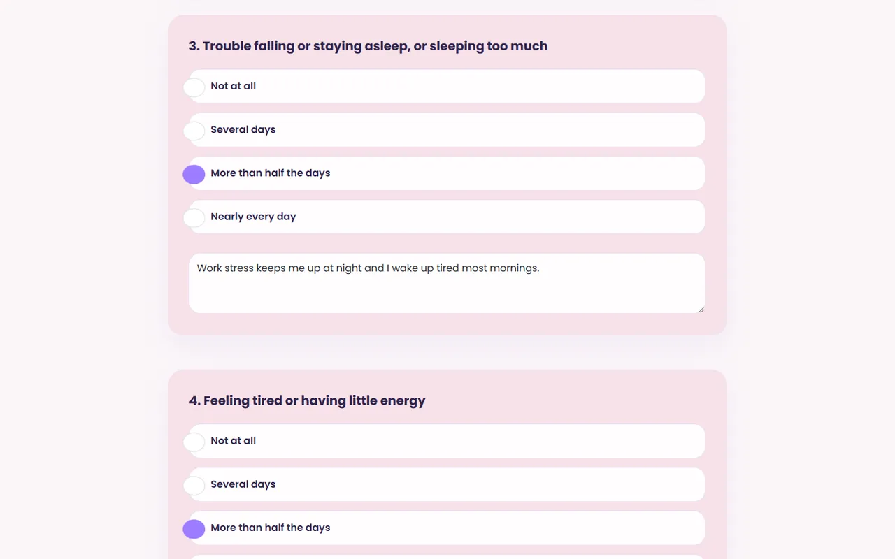 PHQ-9 questionnaire mid-way with answers selected