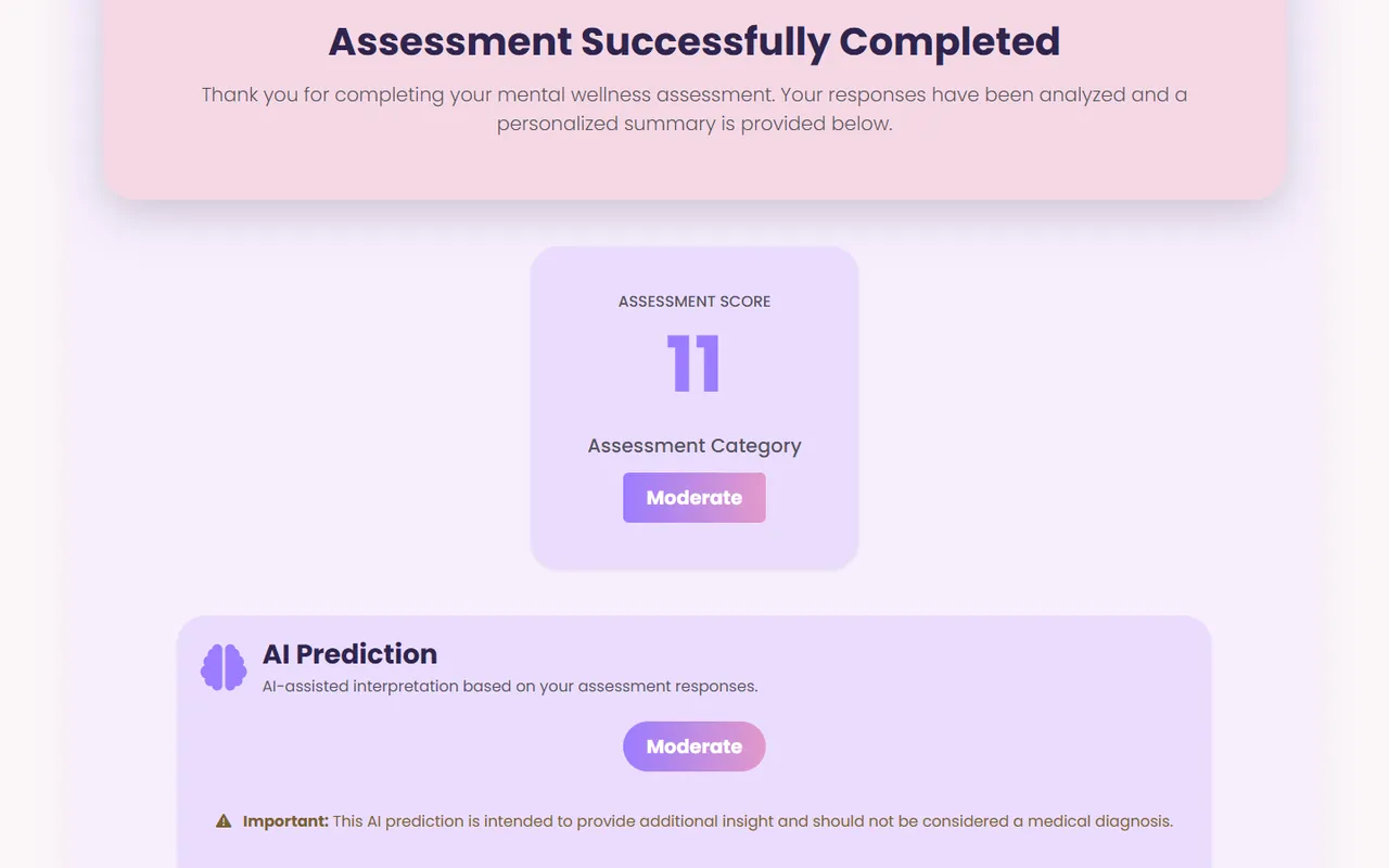 Assessment result: score 11, Moderate, confirmed by the AI prediction