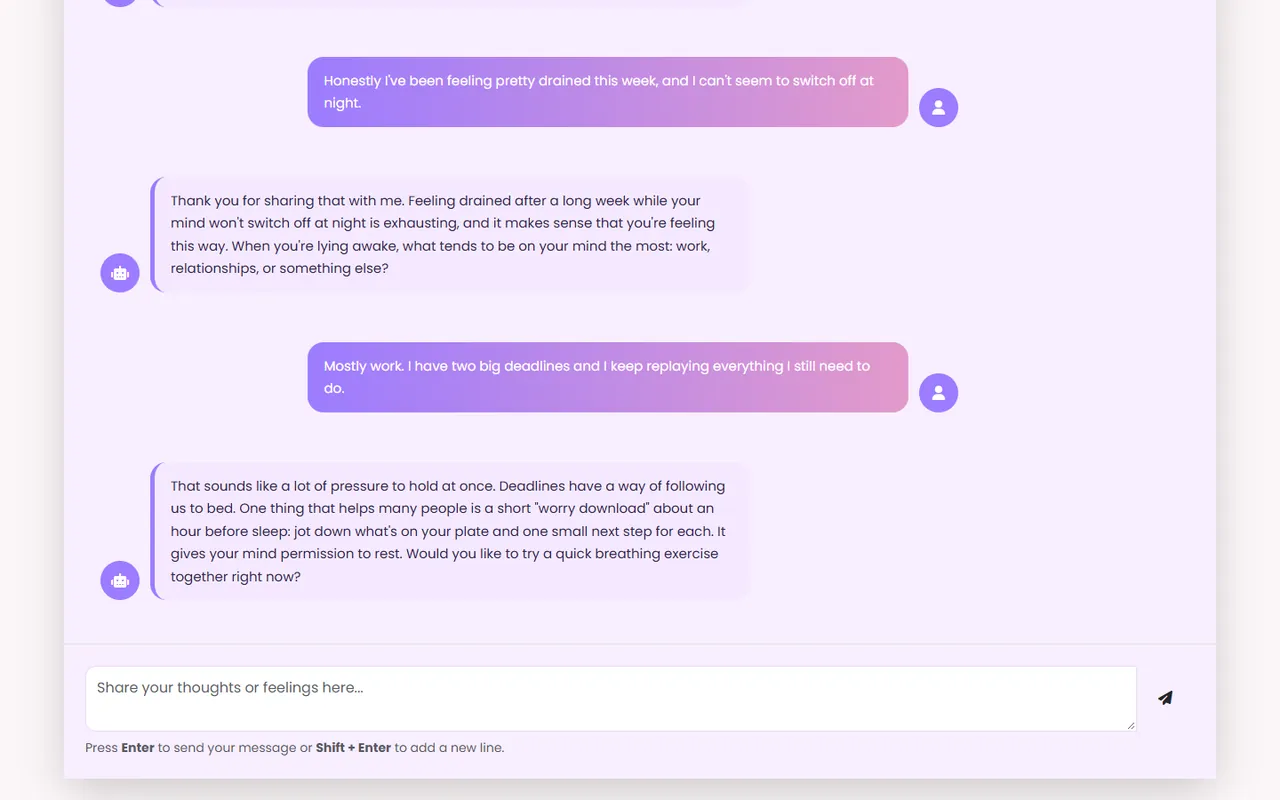 AI wellness companion chat with supportive replies
