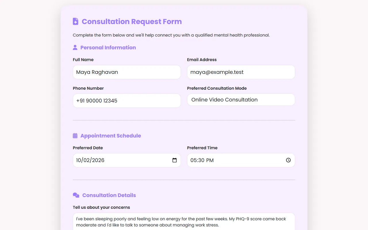 Consultation request form with a preferred date and time